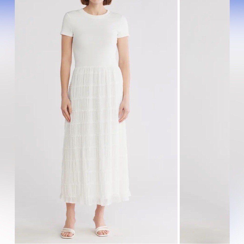 Lush Off-White Mixed Media Frill Skirt Dress. Size: L